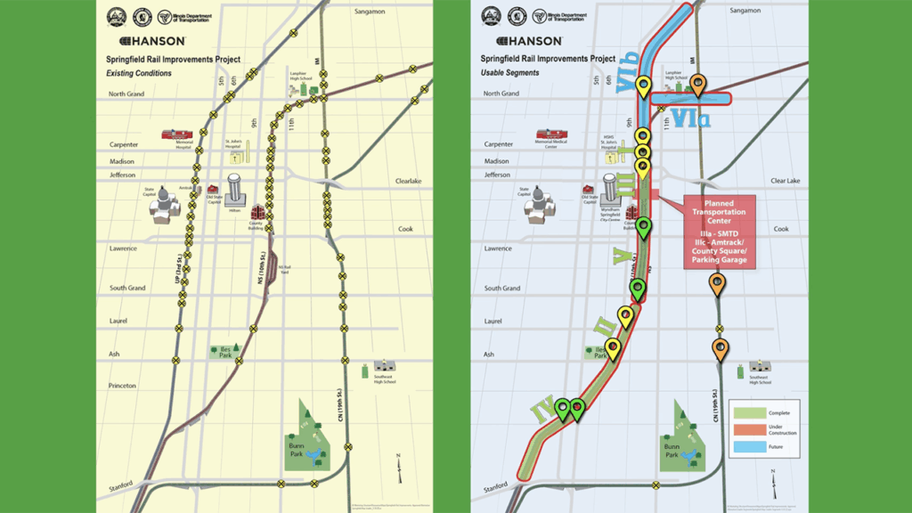Springfield Rail Improvements Project (current map, left; future rail corridor map, right). (Courtesy of Hanson Professional Services)